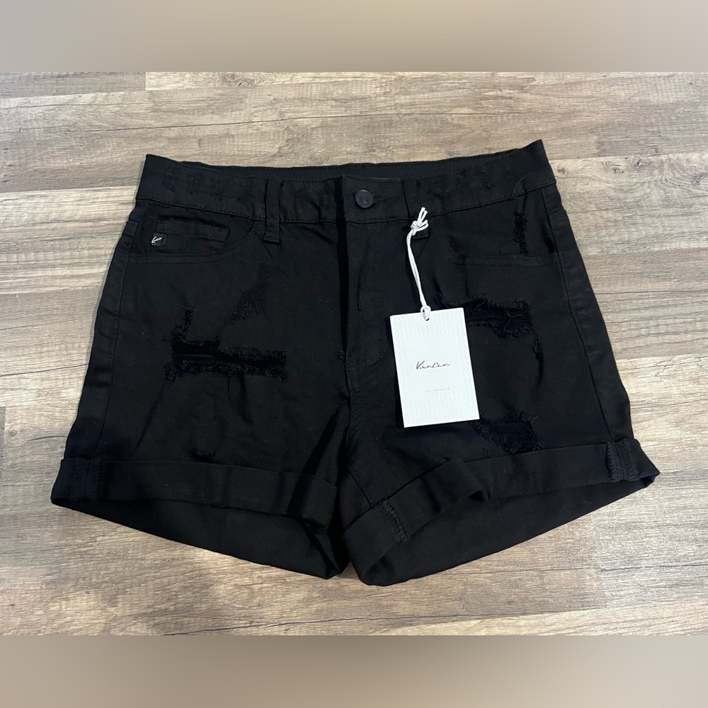 NWT KanCan Womans Black Stretchy Comfy Distressed Denim Shorts Size 27